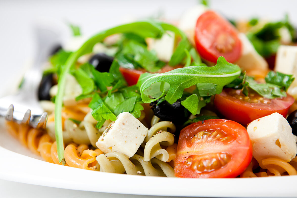 Pasta,Salad,With,Feta,Cheese,,Cherry,Tomatoes,,Black,Olives,,Spices,
