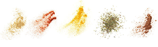 Set ginger, red paprika powder, turmeric, dry thyme pile, cocoa, isolated on white background, top view texture
